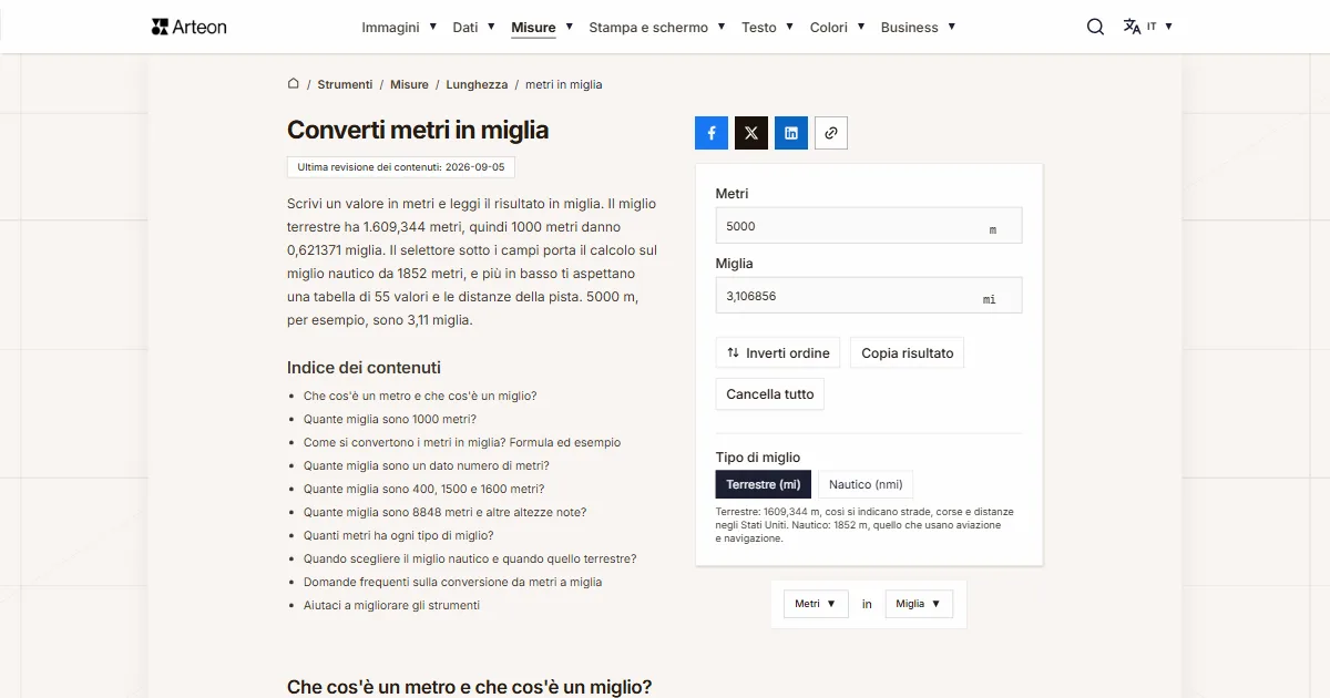 Screenshot dello strumento gratuito Arteon: Converti metri in miglia