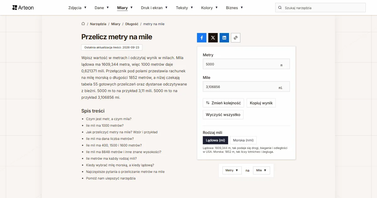 Zrzut ekranu darmowego narzędzia Arteon: Przelicz metry na mile