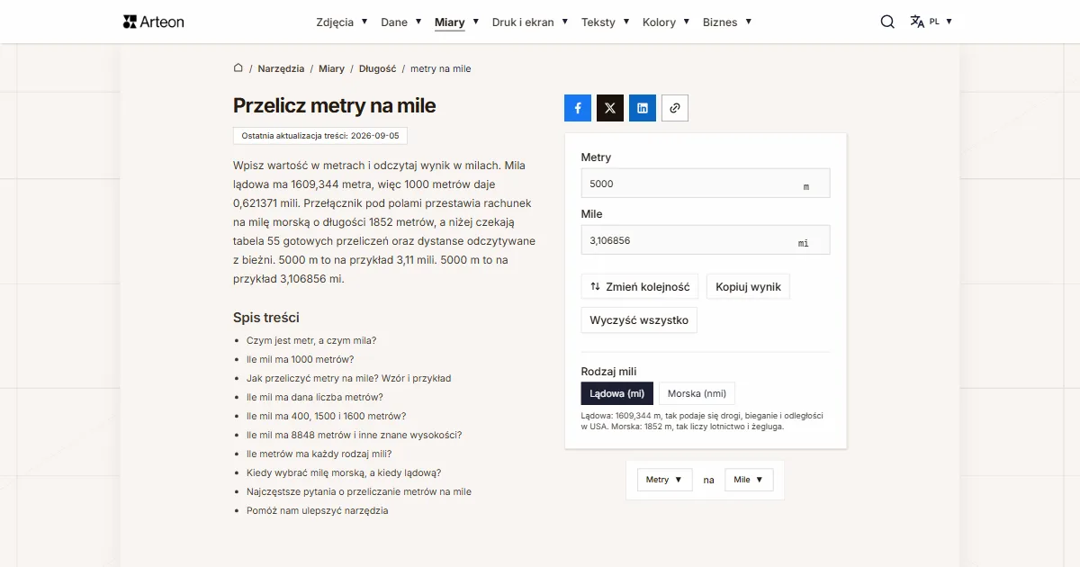 Zrzut ekranu darmowego narzędzia Arteon: Przelicz metry na mile