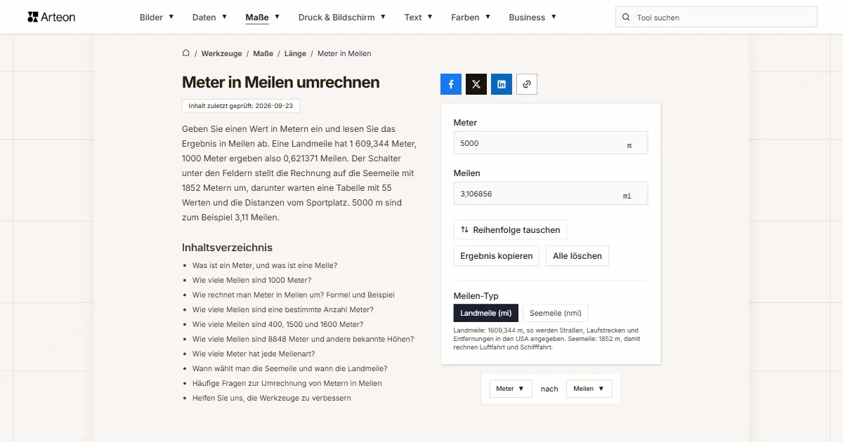 Screenshot des kostenlosen Arteon-Werkzeugs: Meter in Meilen umrechnen
