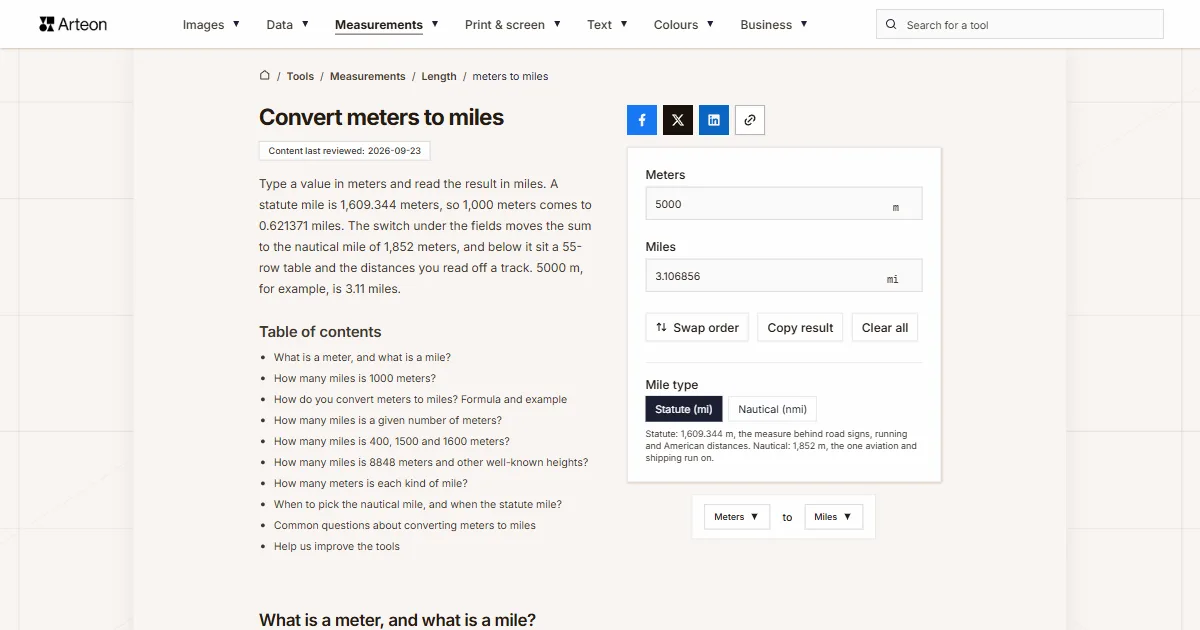 Arteon free tool screenshot: Convert meters to miles