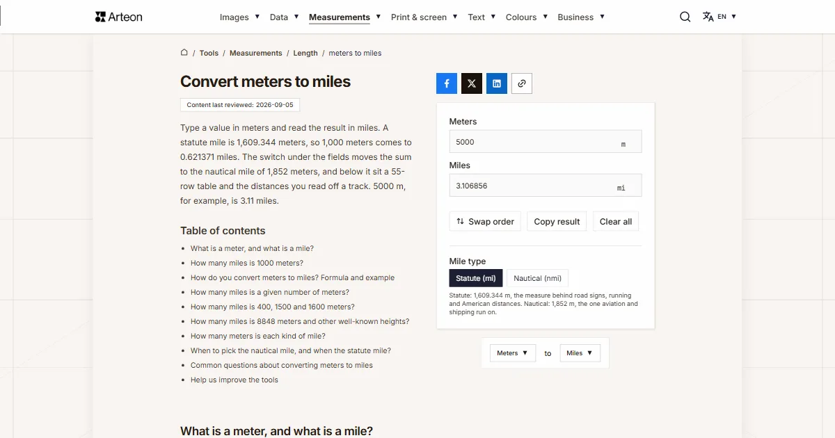 Arteon free tool screenshot: Convert meters to miles