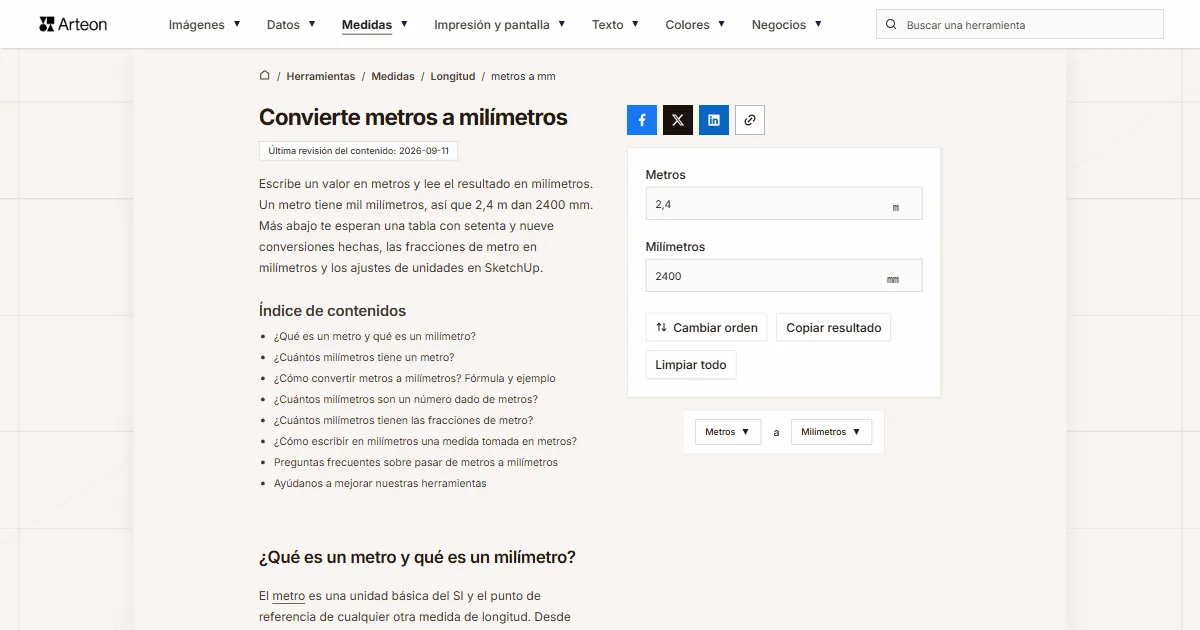 Captura de pantalla de la herramienta gratuita de Arteon: Convierte metros a milímetros
