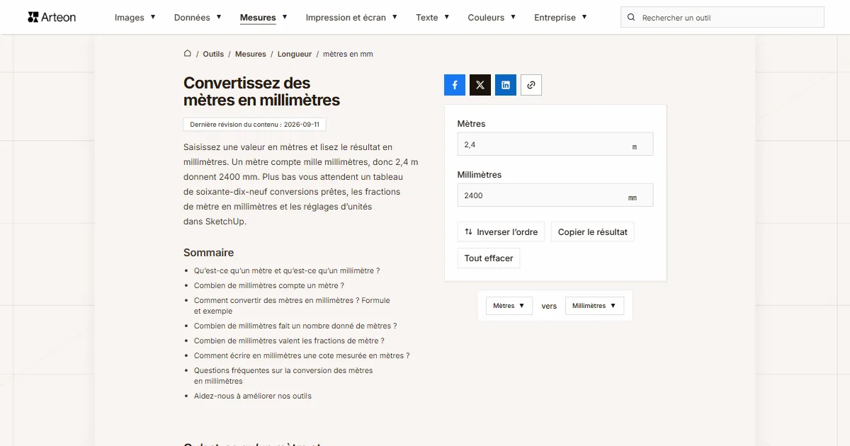 Capture d'écran de l'outil gratuit d'Arteon: Convertissez des mètres en millimètres