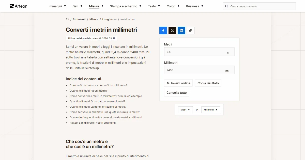 Screenshot dello strumento gratuito Arteon: Converti i metri in millimetri