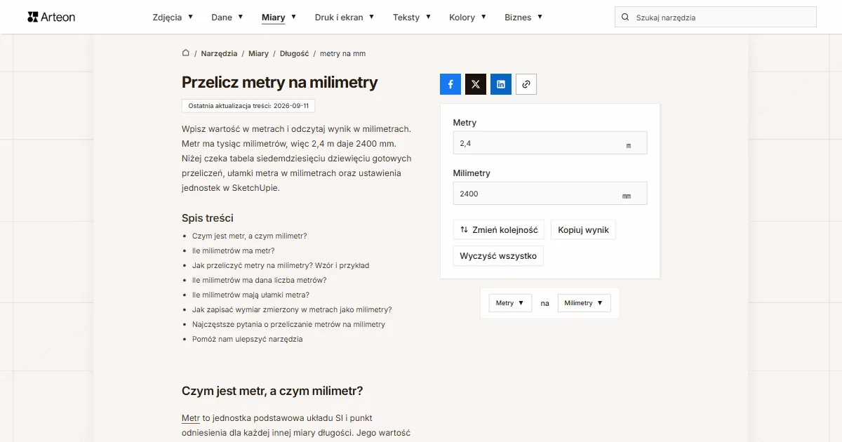 Zrzut ekranu darmowego narzędzia Arteon: Przelicz metry na milimetry