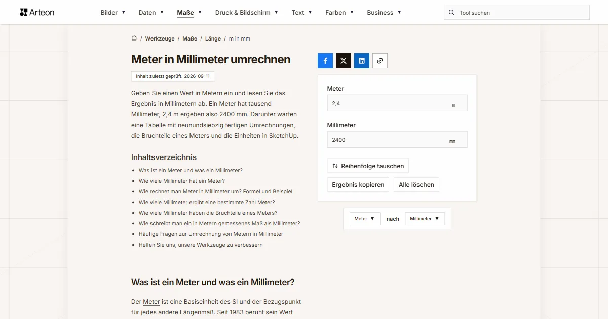 Screenshot des kostenlosen Arteon-Werkzeugs: Meter in Millimeter umrechnen