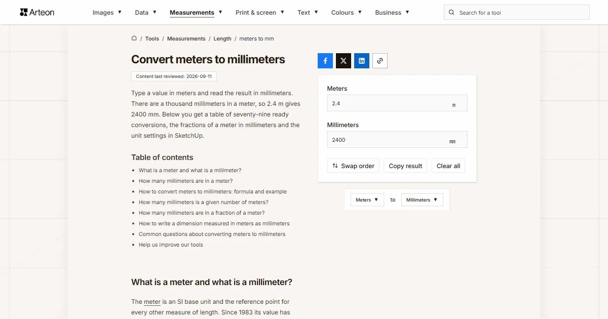 Arteon free tool screenshot: Convert meters to millimeters