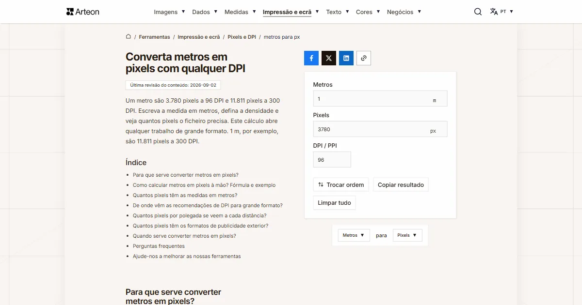 Captura de ecrã da ferramenta gratuita da Arteon: Converta metros em pixels com qualquer DPI
