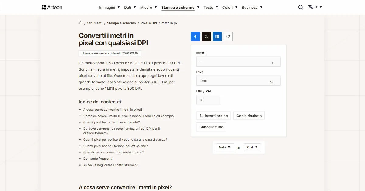 Screenshot dello strumento gratuito Arteon: Converti i metri in pixel con qualsiasi DPI