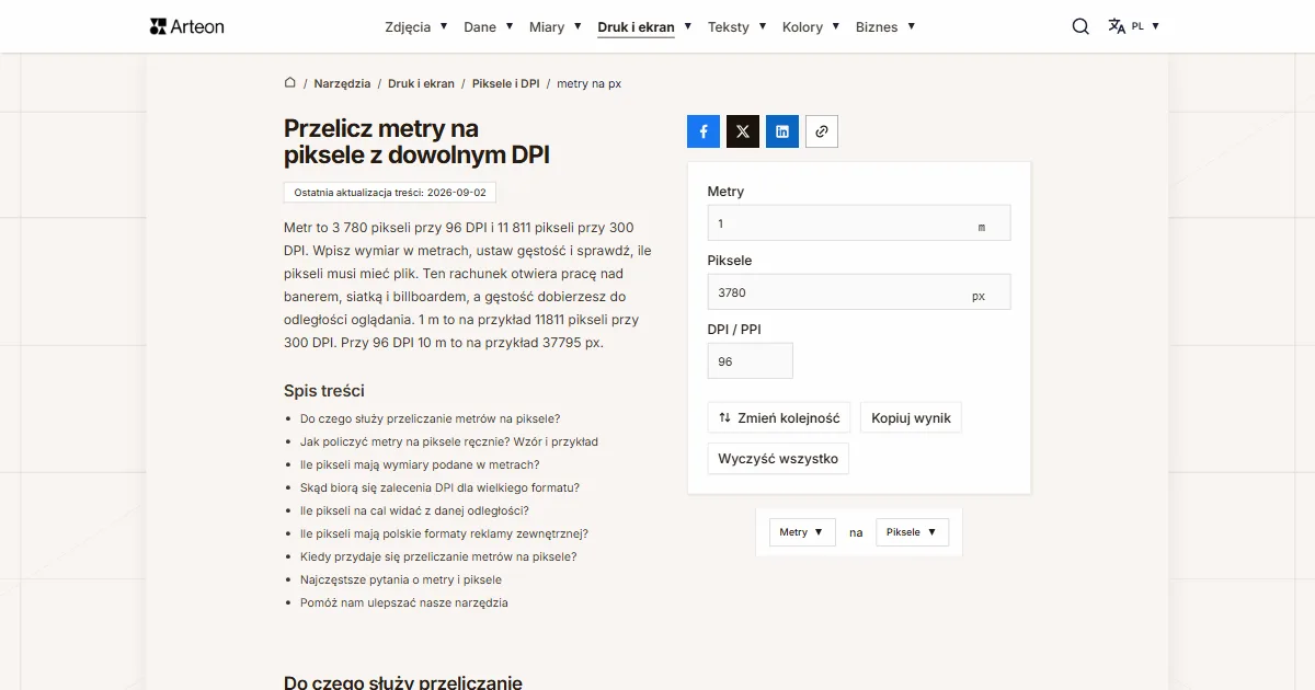 Zrzut ekranu darmowego narzędzia Arteon: Przelicz metry na piksele z dowolnym DPI