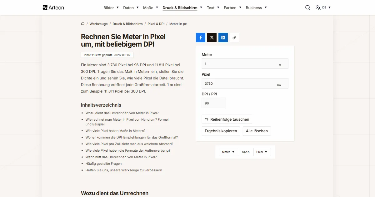 Screenshot des kostenlosen Arteon-Werkzeugs: Rechnen Sie Meter in Pixel um, mit beliebigem DPI