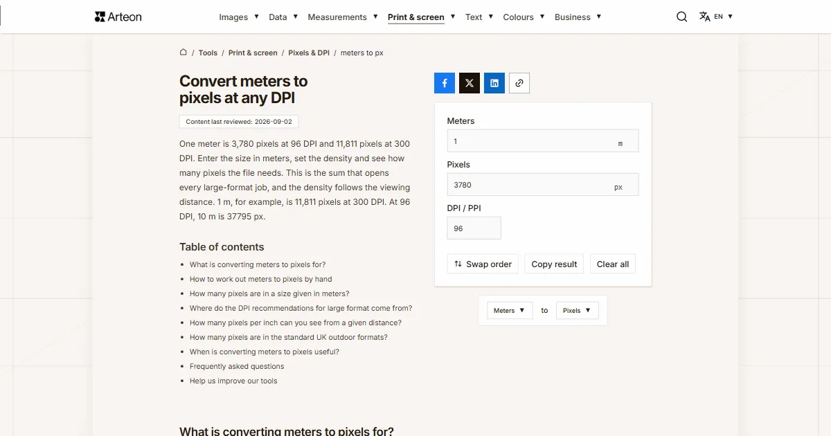 Arteon free tool screenshot: Convert meters to pixels at any DPI