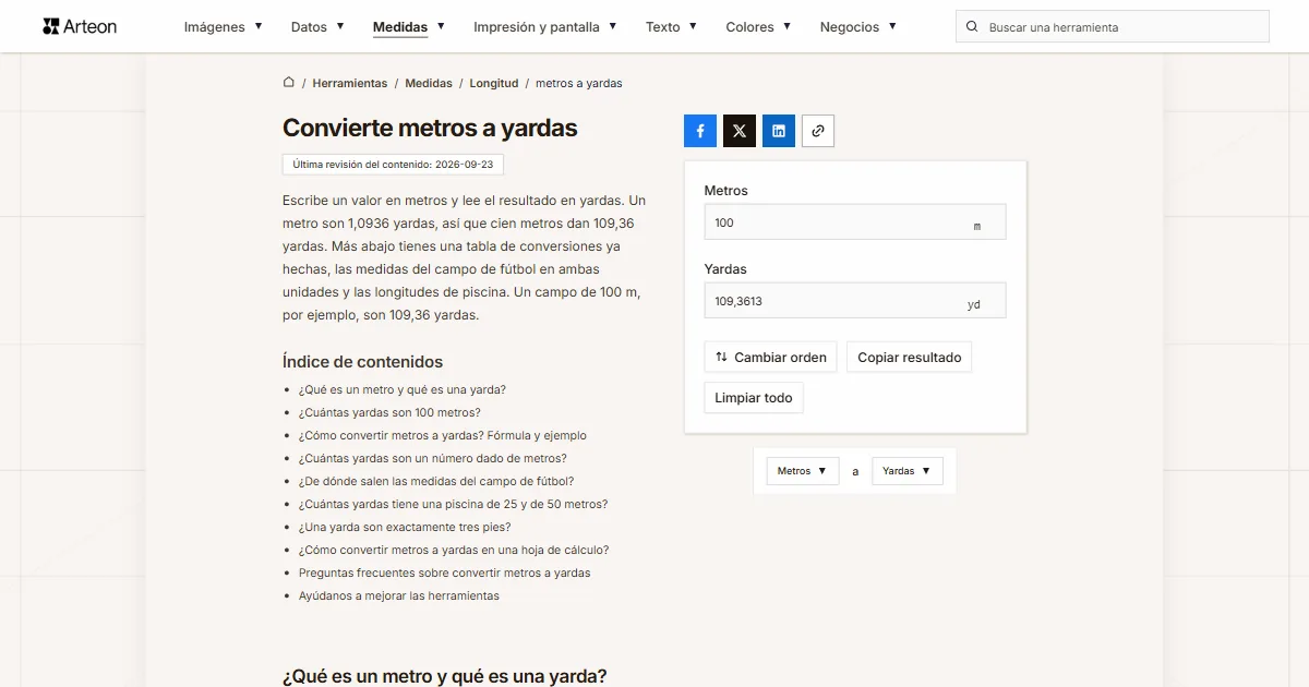Captura de pantalla de la herramienta gratuita de Arteon: Convierte metros a yardas
