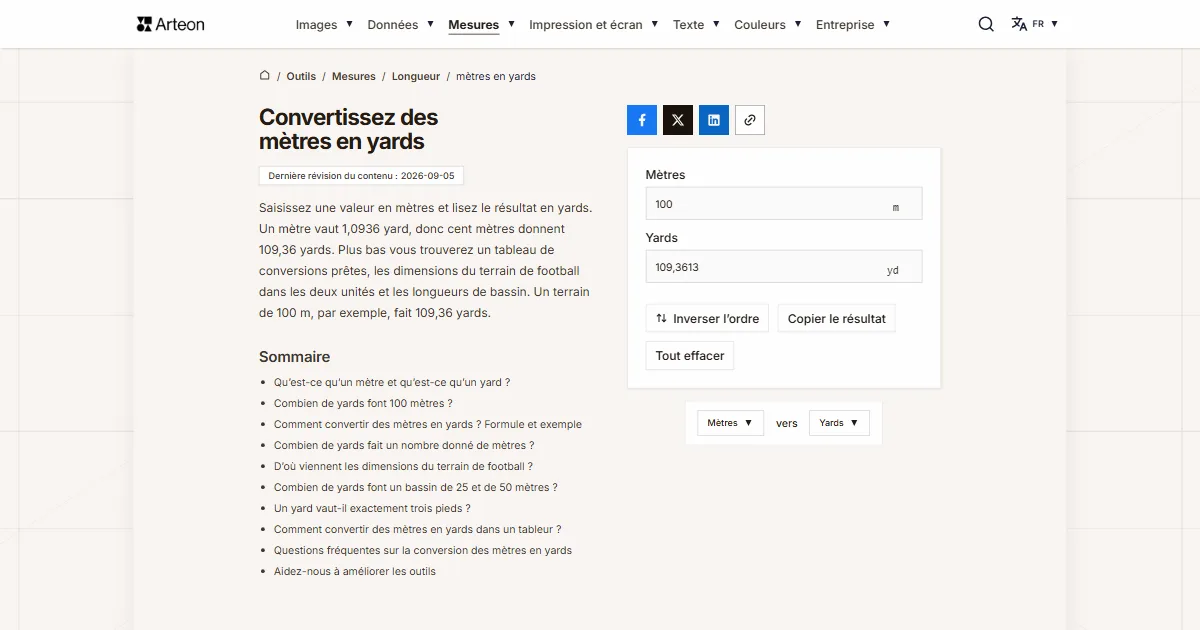 Capture d'écran de l'outil gratuit d'Arteon: Convertissez des mètres en yards