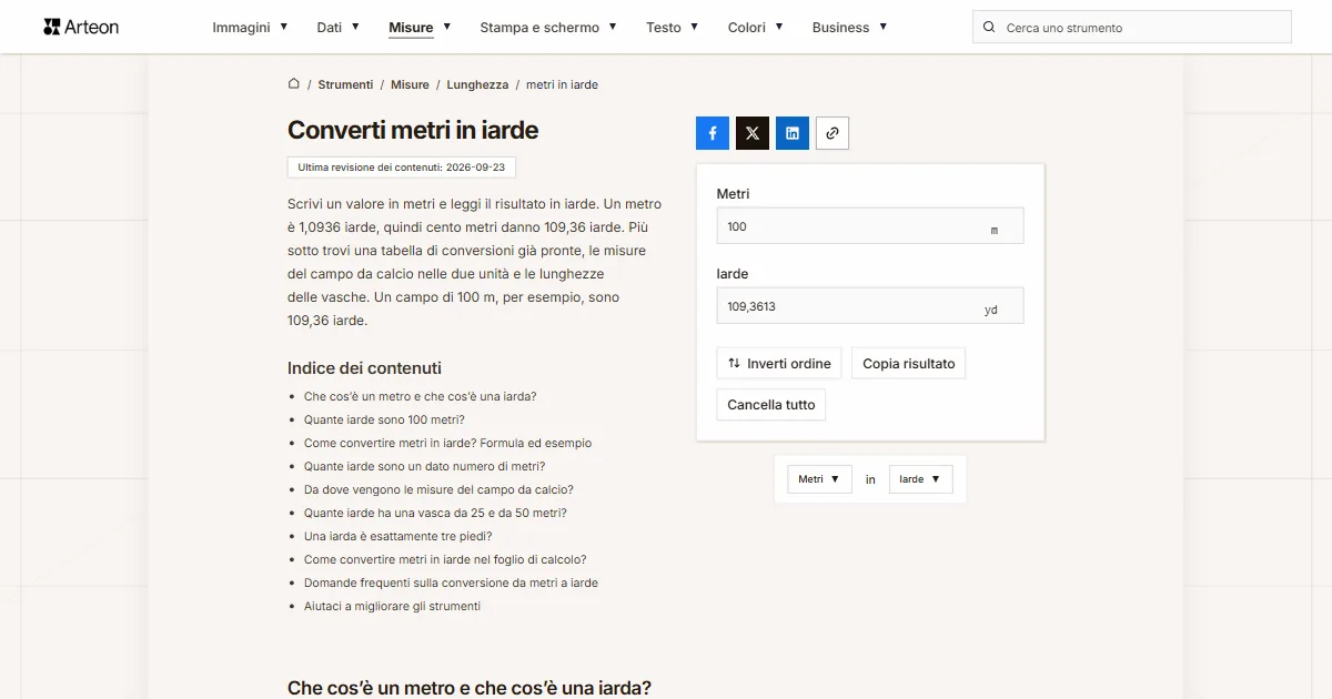 Screenshot dello strumento gratuito Arteon: Converti metri in iarde