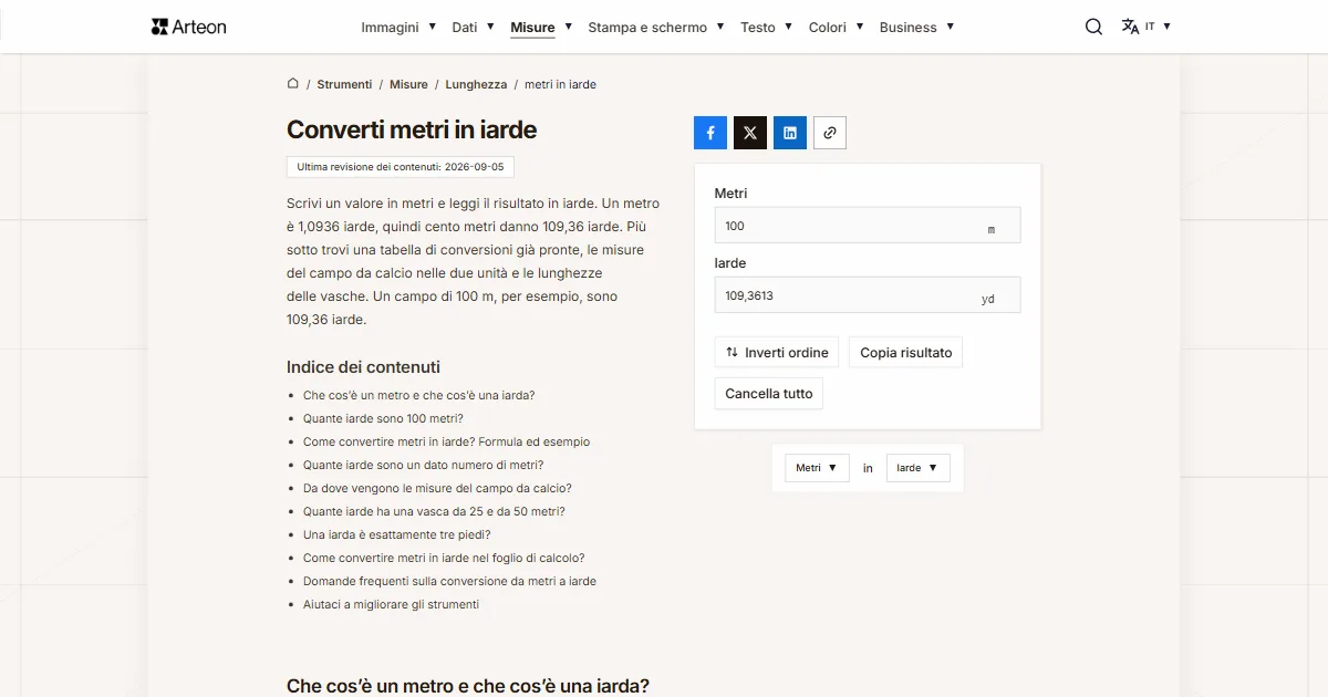 Screenshot dello strumento gratuito Arteon: Converti metri in iarde