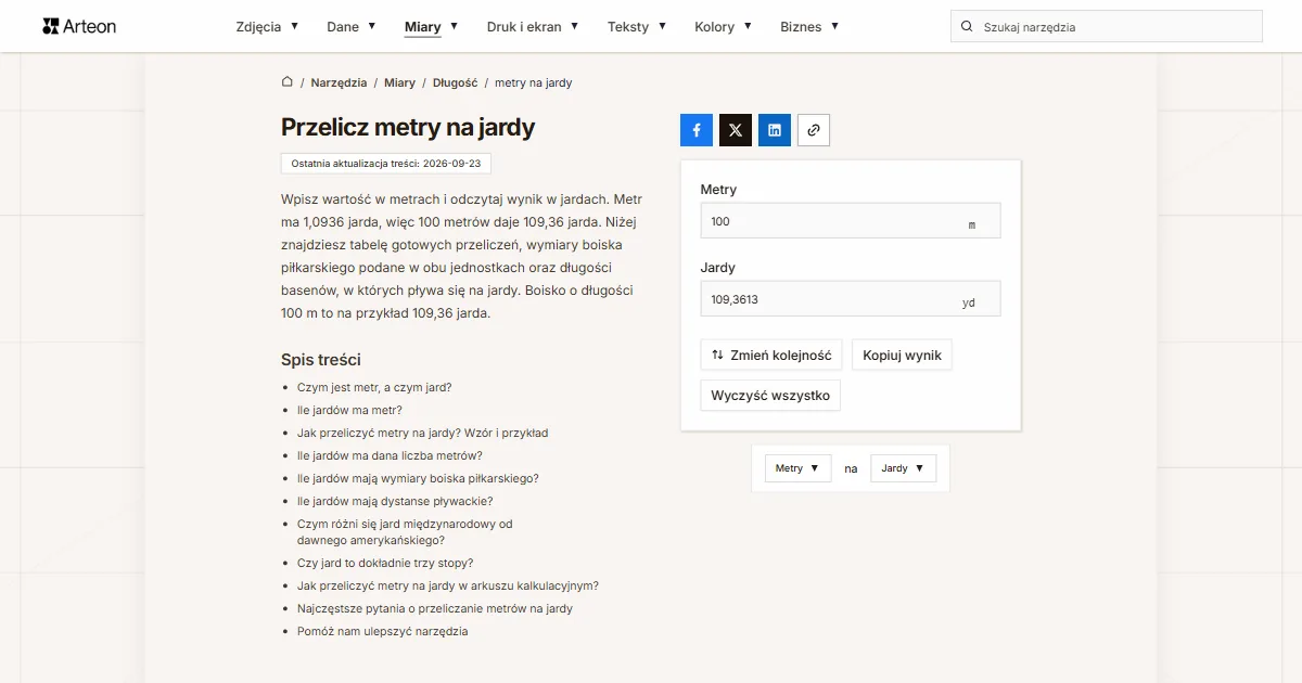 Zrzut ekranu darmowego narzędzia Arteon: Przelicz metry na jardy