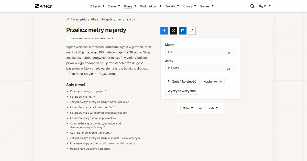 Zrzut ekranu darmowego narzędzia Arteon: Przelicz metry na jardy