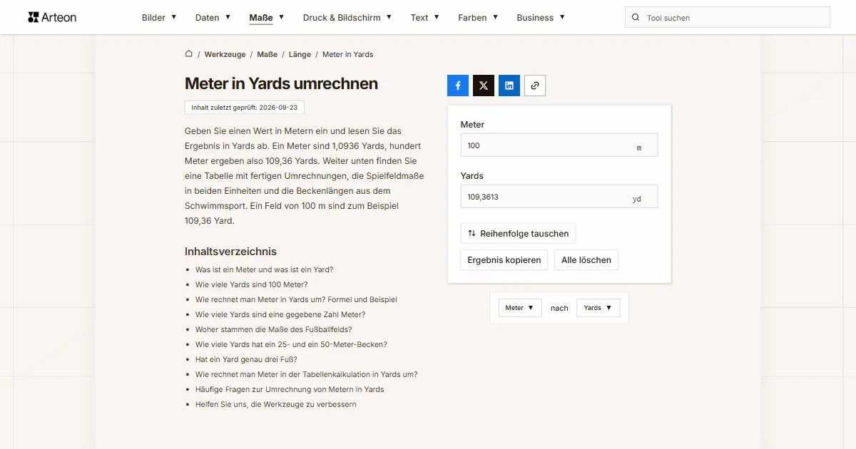 Screenshot des kostenlosen Arteon-Werkzeugs: Meter in Yards umrechnen
