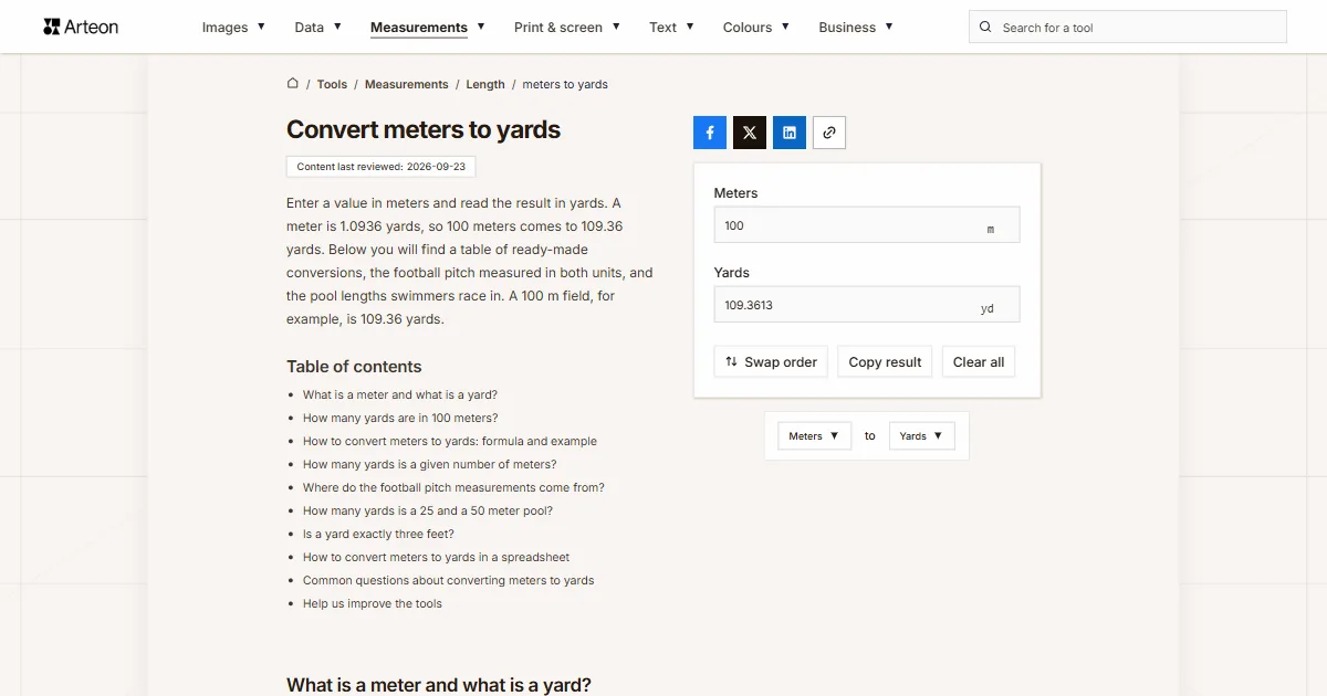 Arteon free tool screenshot: Convert meters to yards