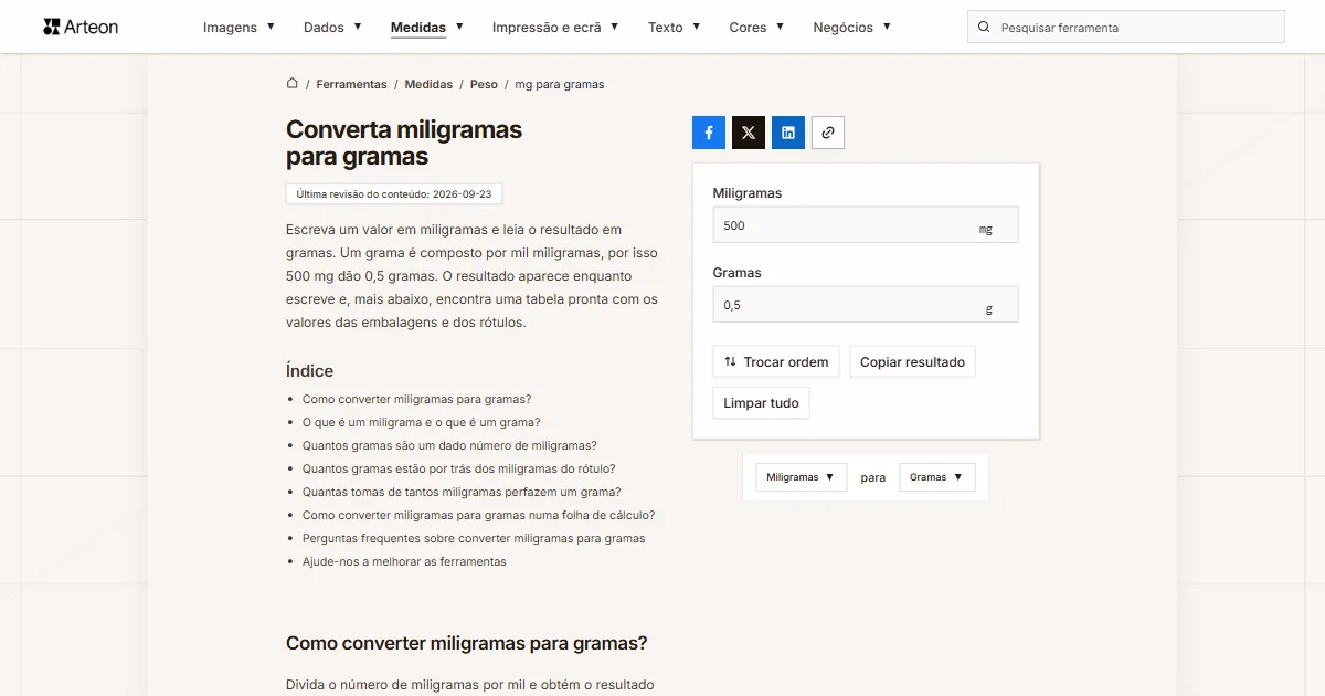 Captura de ecrã da ferramenta gratuita da Arteon: Converta miligramas para gramas