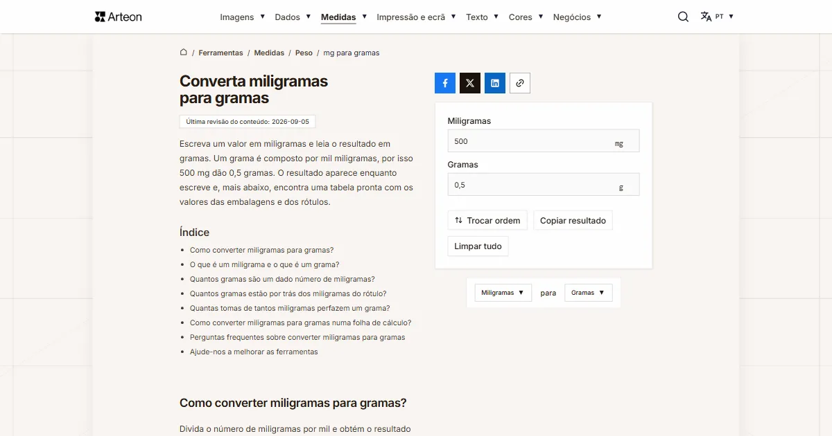 Captura de ecrã da ferramenta gratuita da Arteon: Converta miligramas para gramas