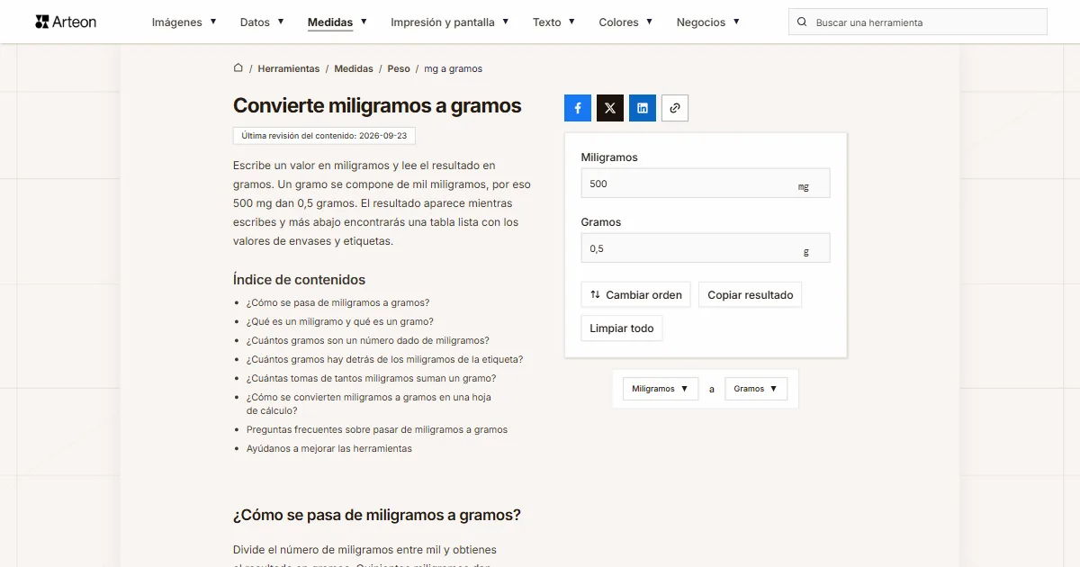 Captura de pantalla de la herramienta gratuita de Arteon: Convierte miligramos a gramos