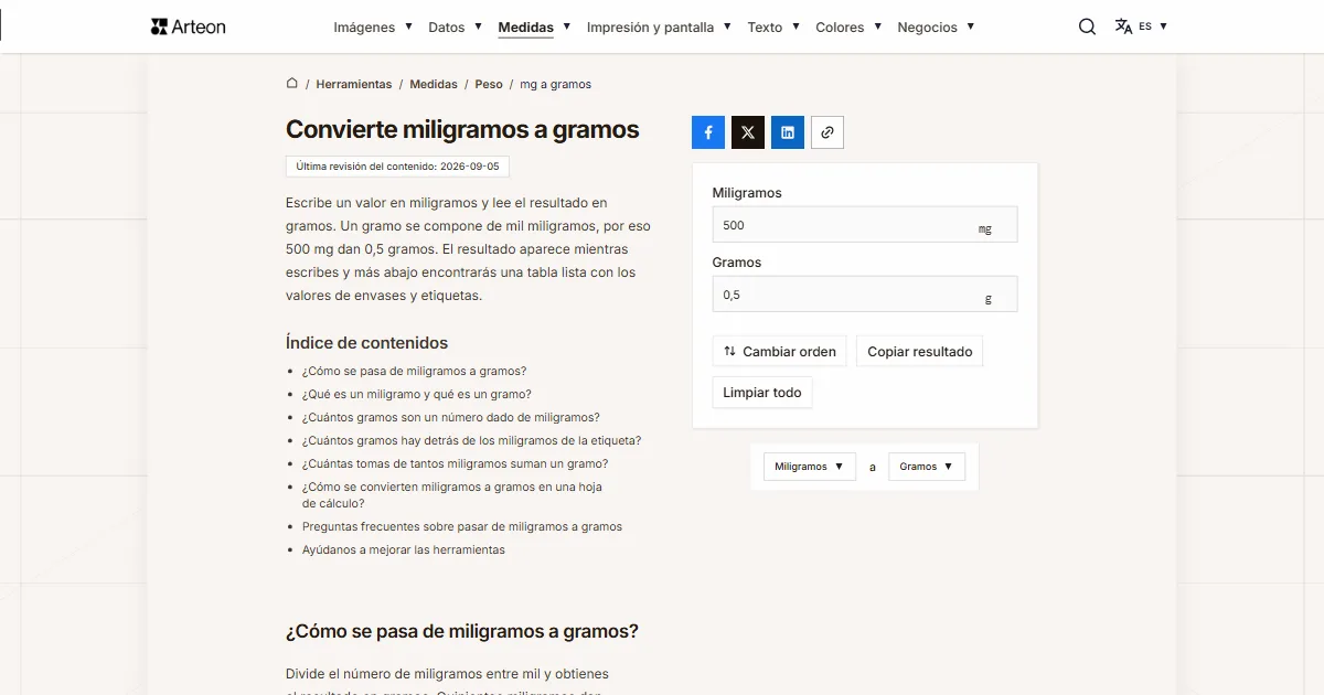 Captura de pantalla de la herramienta gratuita de Arteon: Convierte miligramos a gramos