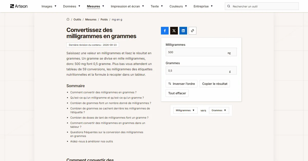 Capture d'écran de l'outil gratuit d'Arteon: Convertissez des milligrammes en grammes