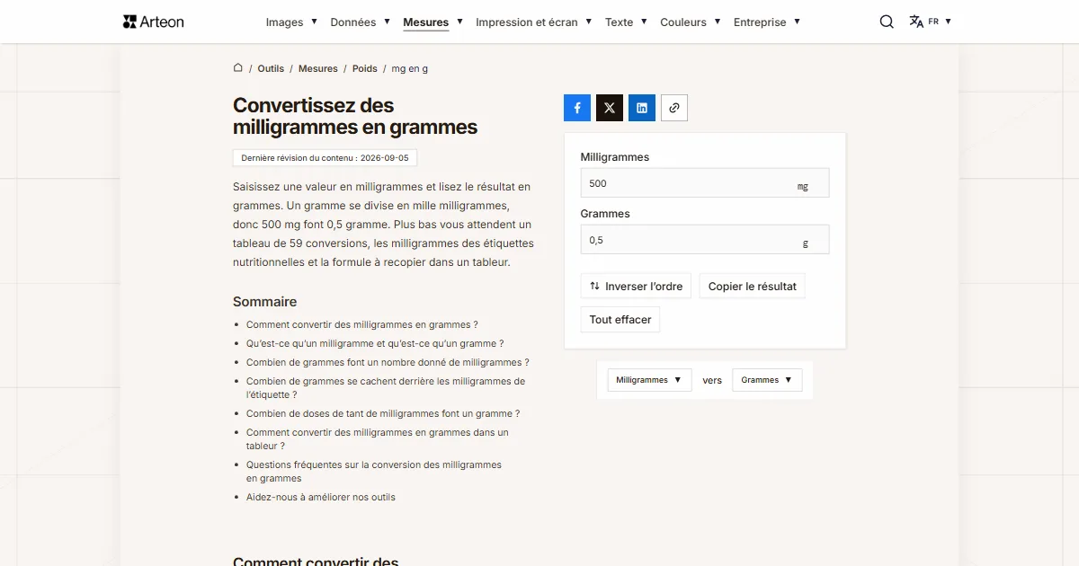 Capture d'écran de l'outil gratuit d'Arteon: Convertissez des milligrammes en grammes