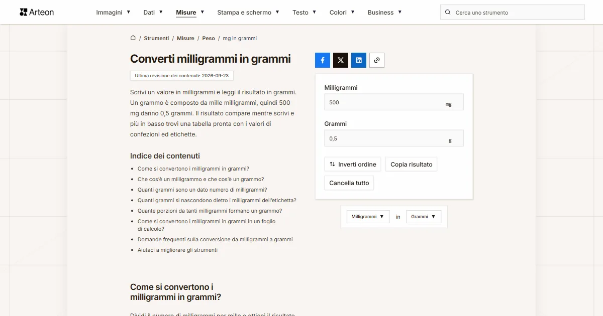 Screenshot dello strumento gratuito Arteon: Converti milligrammi in grammi