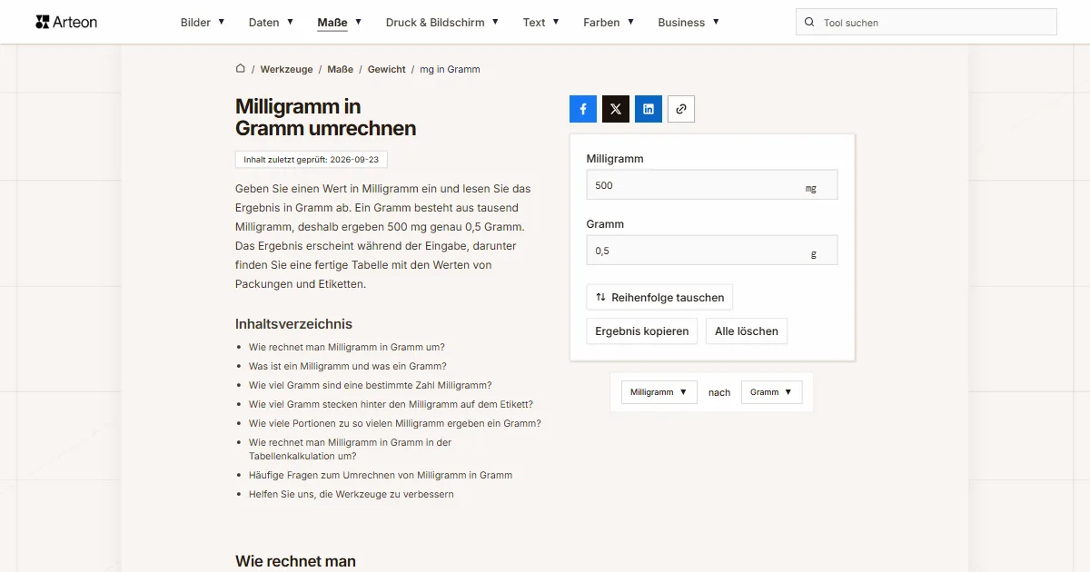 Screenshot des kostenlosen Arteon-Werkzeugs: Milligramm in Gramm umrechnen