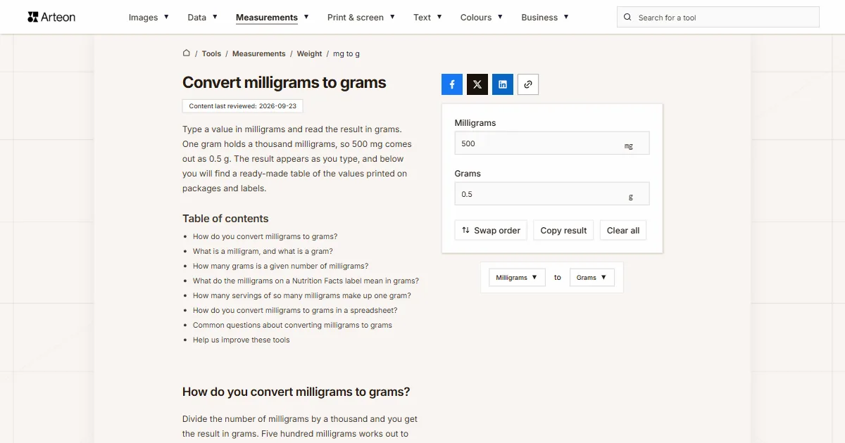 Arteon free tool screenshot: Convert milligrams to grams