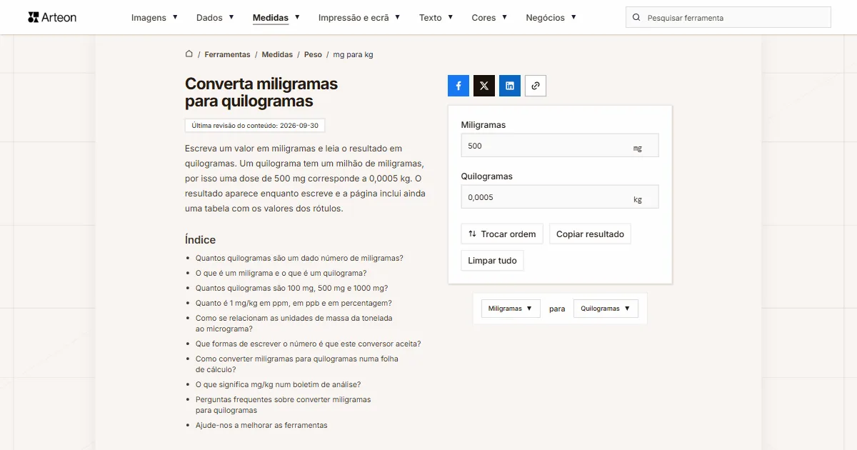 Captura de ecrã da ferramenta gratuita da Arteon: Converta miligramas para quilogramas