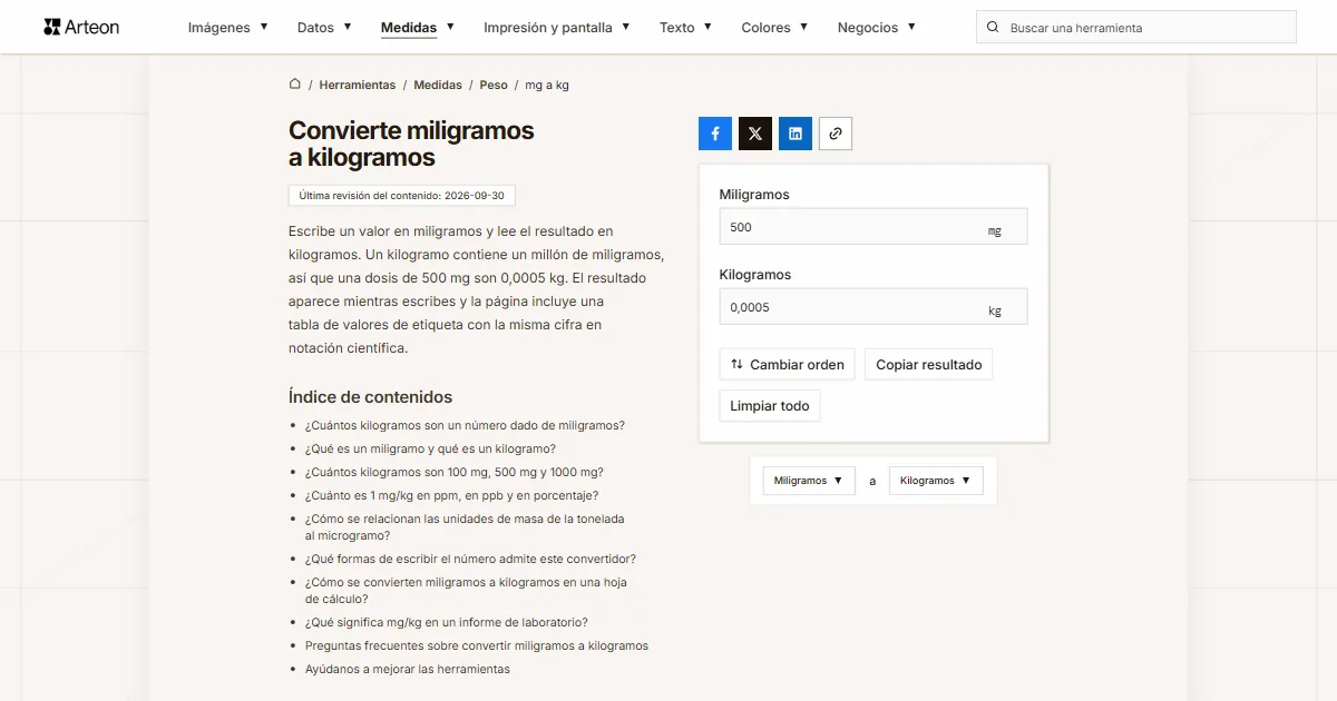 Captura de pantalla de la herramienta gratuita de Arteon: Convierte miligramos a kilogramos