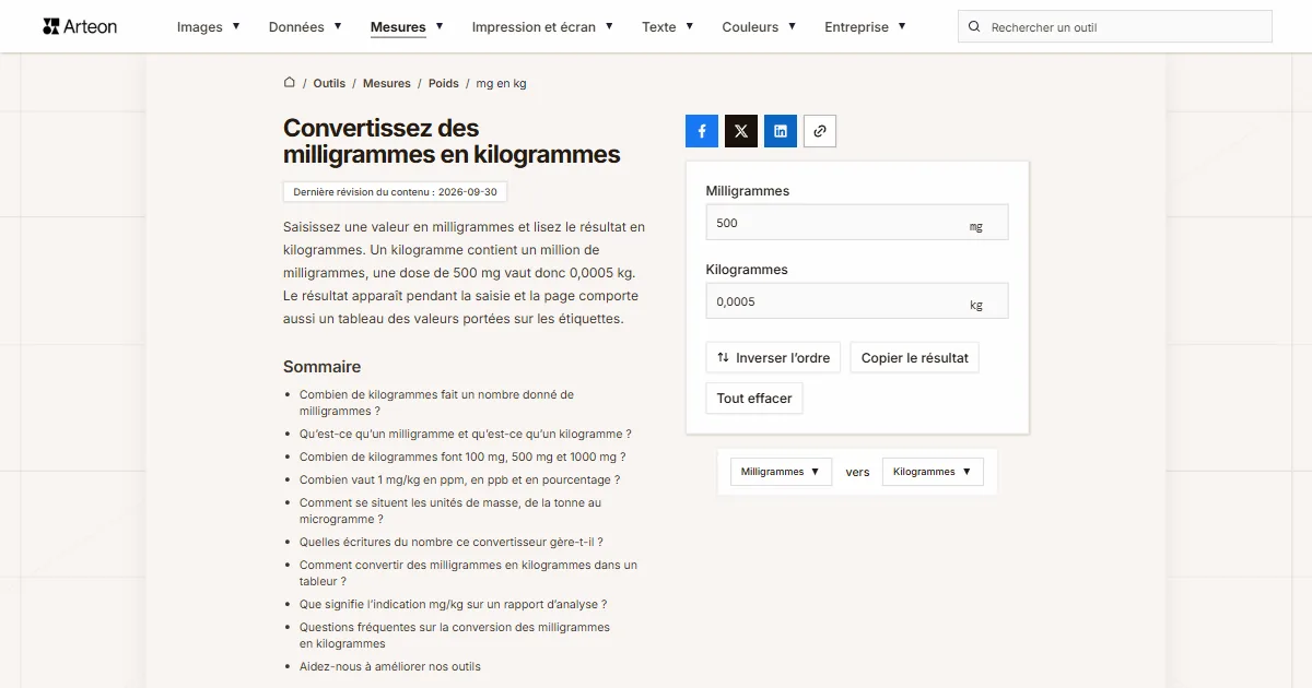 Capture d'écran de l'outil gratuit d'Arteon: Convertissez des milligrammes en kilogrammes