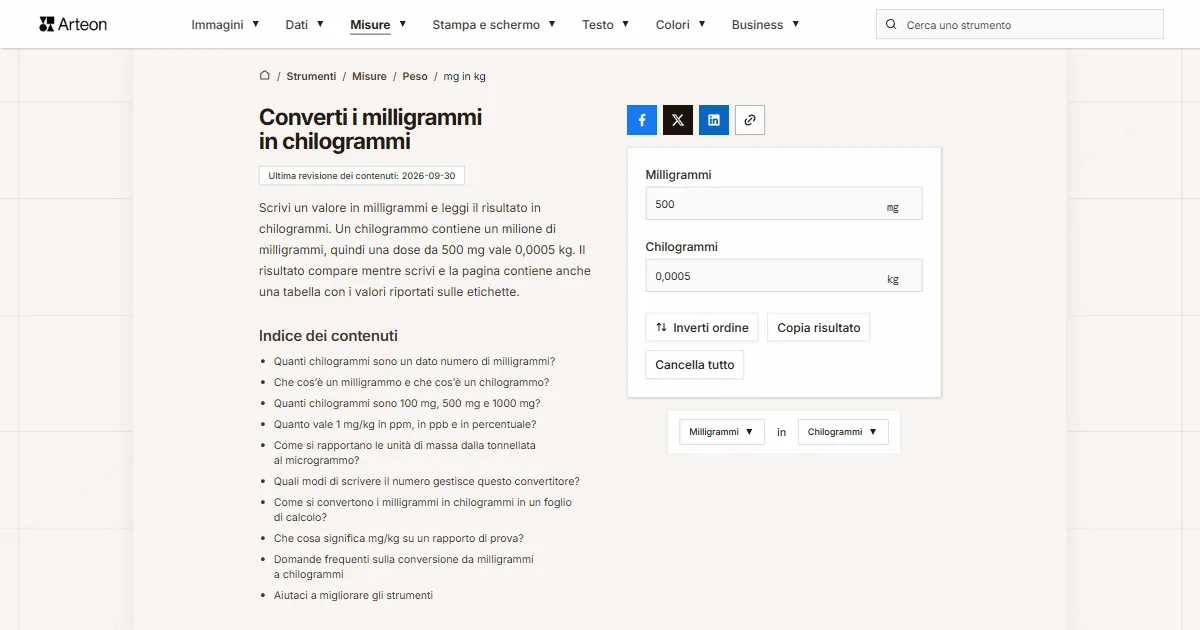 Screenshot dello strumento gratuito Arteon: Converti i milligrammi in chilogrammi