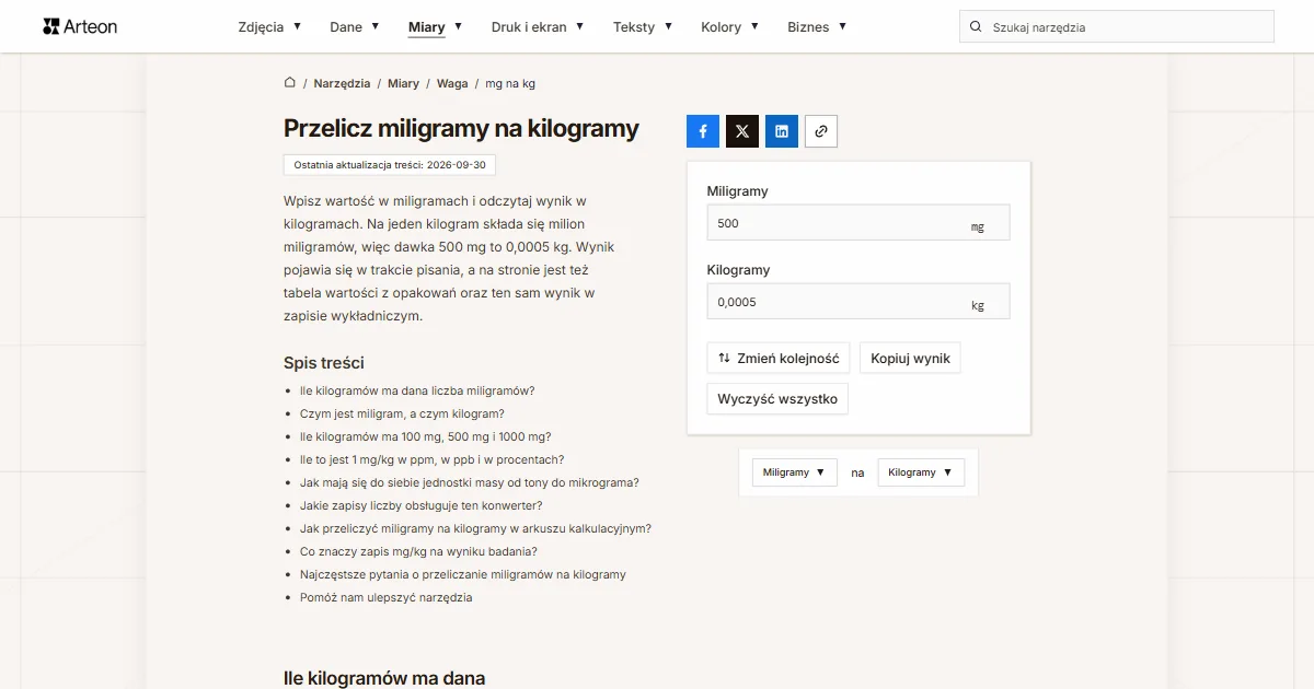Zrzut ekranu darmowego narzędzia Arteon: Przelicz miligramy na kilogramy