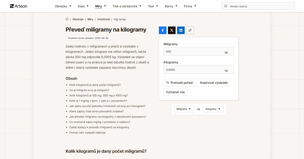 Snímek obrazovky bezplatného nástroje Arteon: Převeď miligramy na kilogramy