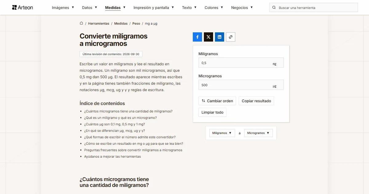 Captura de pantalla de la herramienta gratuita de Arteon: Convierte miligramos a microgramos
