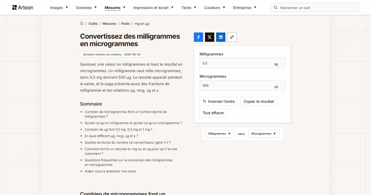Capture d'écran de l'outil gratuit d'Arteon: Convertissez des milligrammes en microgrammes
