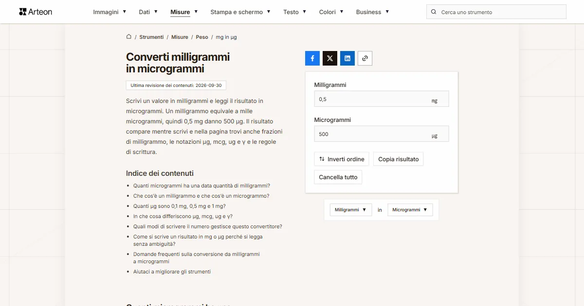 Screenshot dello strumento gratuito Arteon: Converti milligrammi in microgrammi