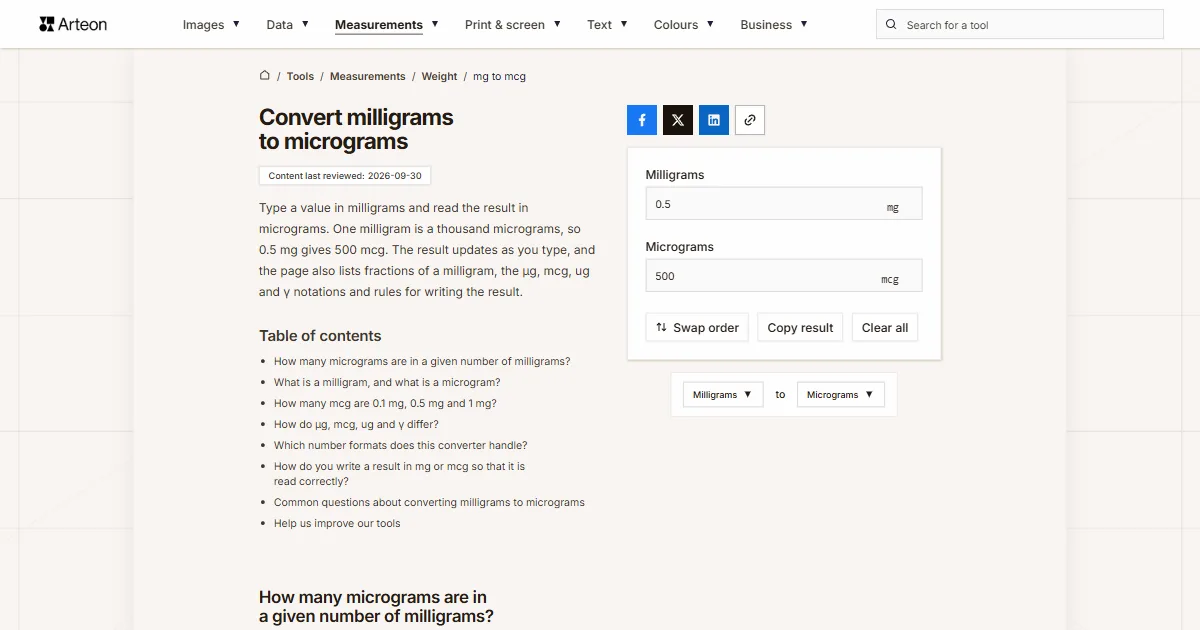 Arteon free tool screenshot: Convert milligrams to micrograms