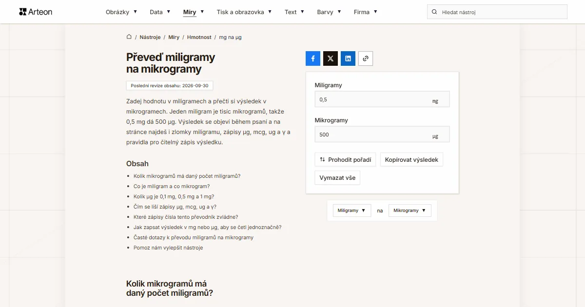 Snímek obrazovky bezplatného nástroje Arteon: Převeď miligramy na mikrogramy
