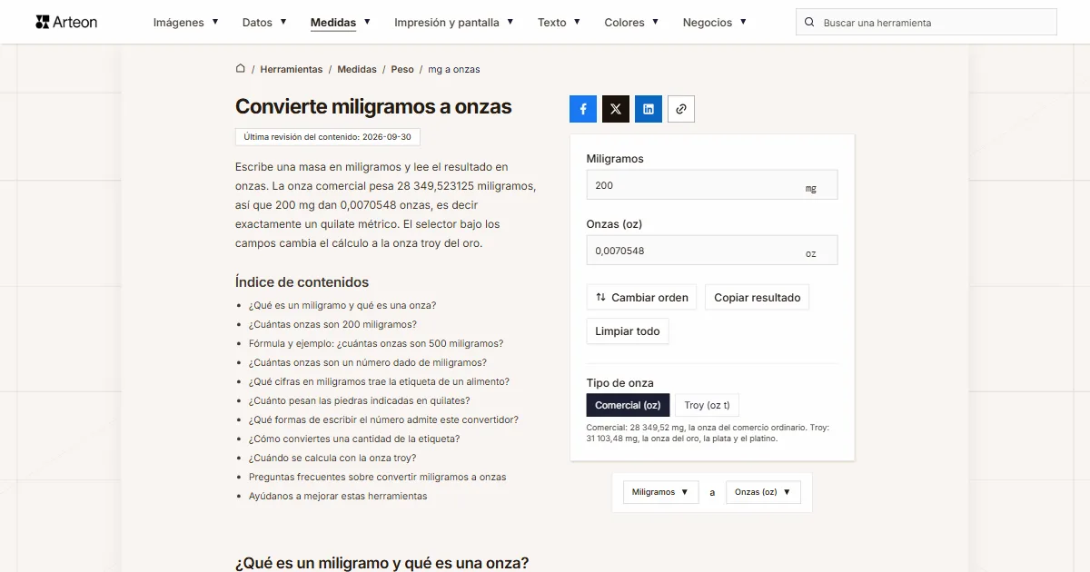 Captura de pantalla de la herramienta gratuita de Arteon: Convierte miligramos a onzas