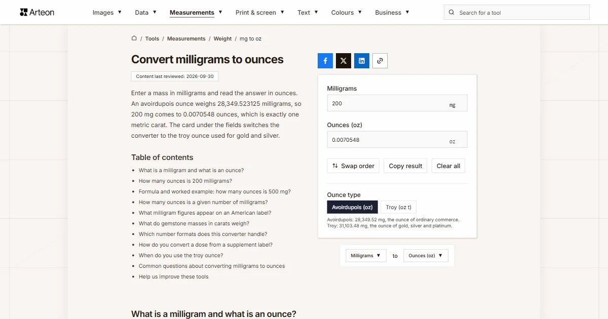 Arteon free tool screenshot: Convert milligrams to ounces