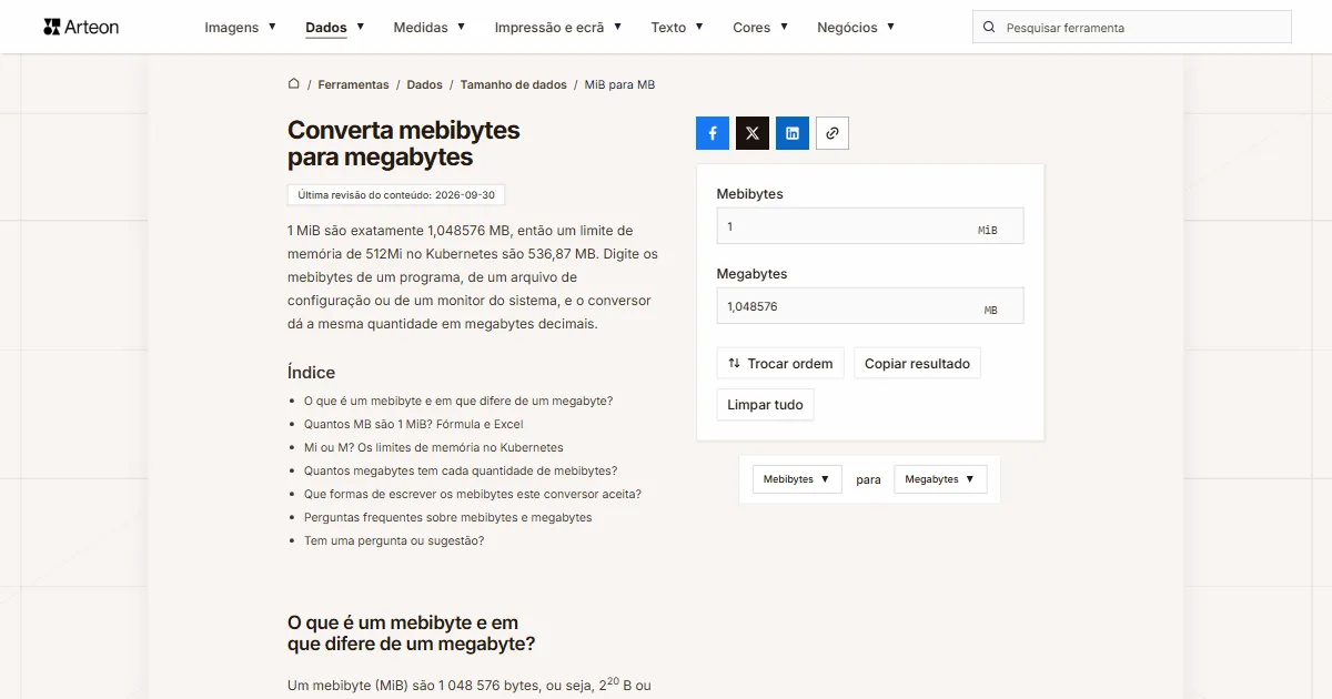 Captura de ecrã da ferramenta gratuita da Arteon: Converta mebibytes para megabytes