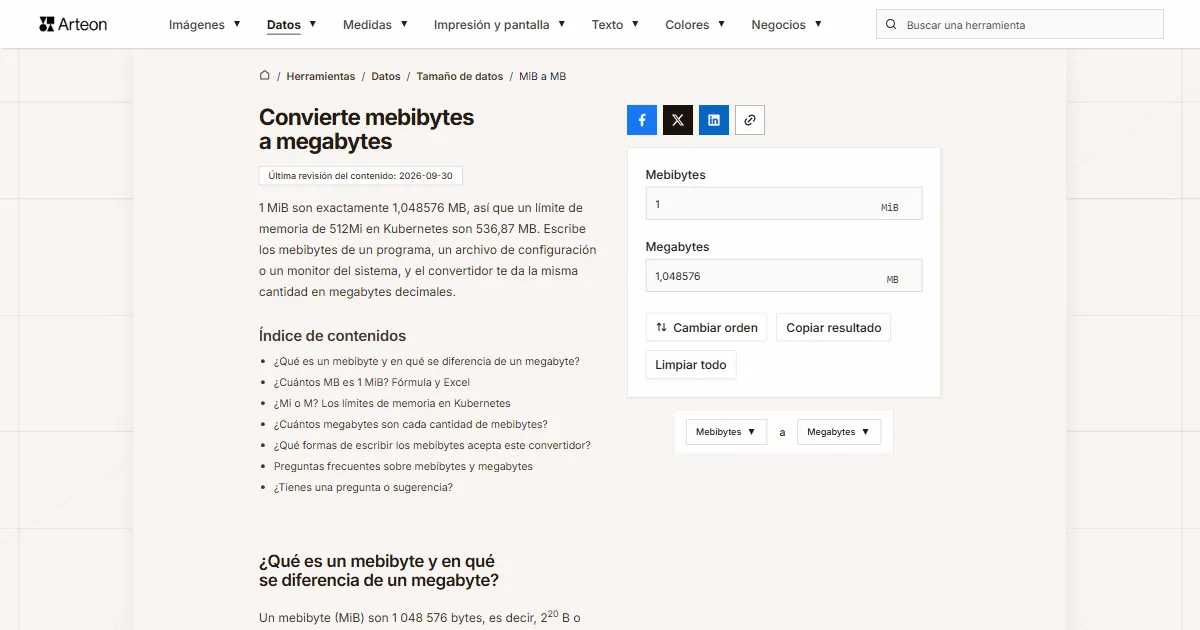 Captura de pantalla de la herramienta gratuita de Arteon: Convierte mebibytes a megabytes