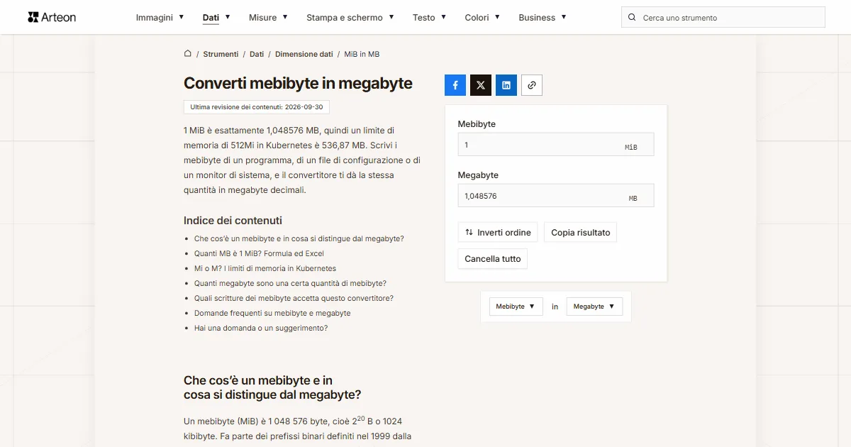 Screenshot dello strumento gratuito Arteon: Converti mebibyte in megabyte